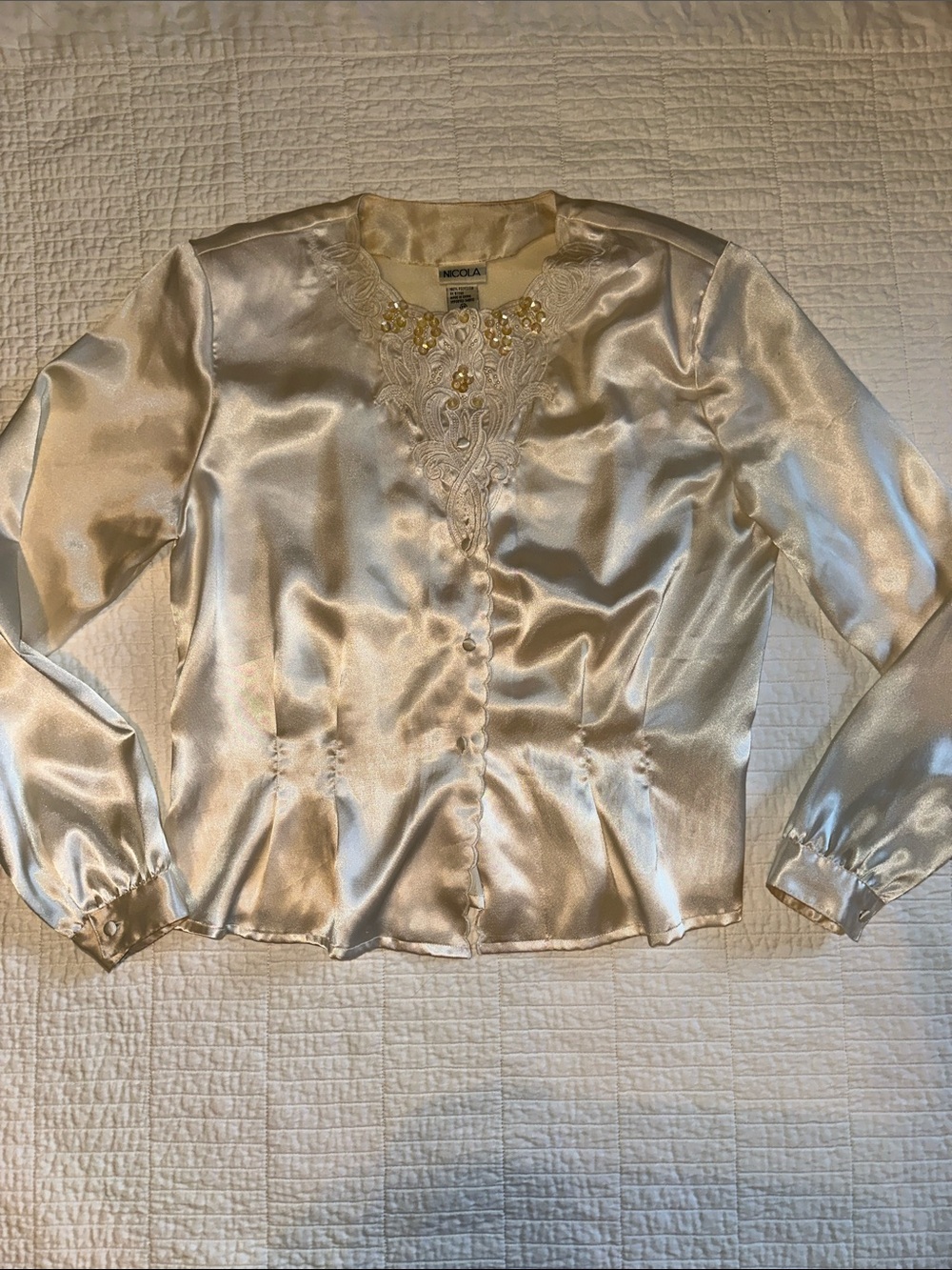 NICOLA Sz 12 Ivory Blouse Beaded Satin Lace-Trim Button down